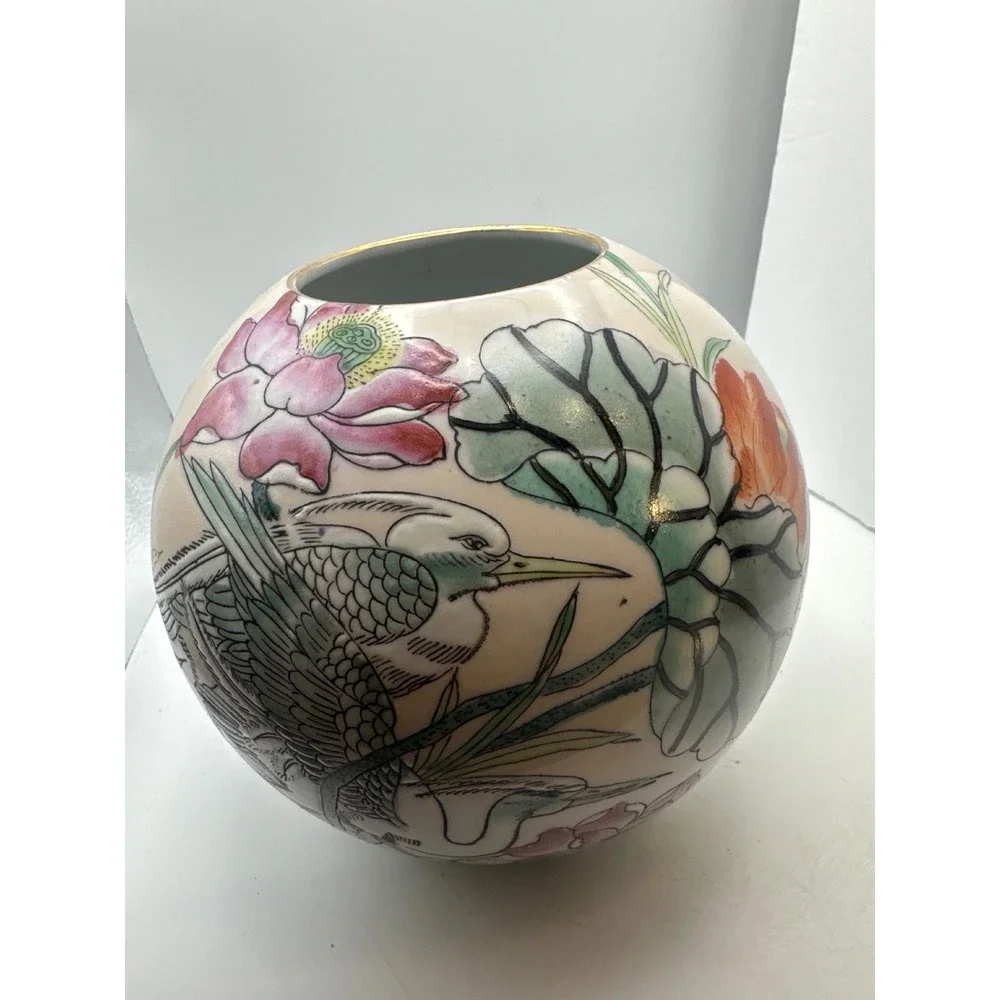 Vintage Porcelain Vase Oriental Bird Lotus Floral Design Macau Decor
